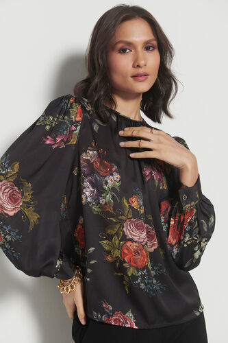 Roses All-Around Blouson Top, Black, image 5